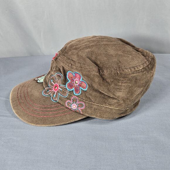 Karma Hat Cap Fitted Womens One Size Brown Floral Bird Cadet Embroidered - Picture 5 of 10